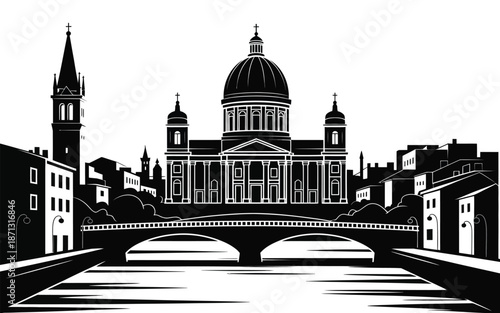 Monochromatic architectural illustration of a grand dome building with a bridge over a river