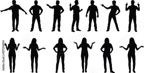 Black Silhouettes of Men and Women Expressing Various Emotions and Body Language Gestures Isolated on White Background for Graphic Design Projects