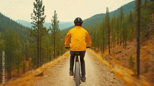 A cyclist rides through a scenic forest trail in a vibrant yellow jacket.