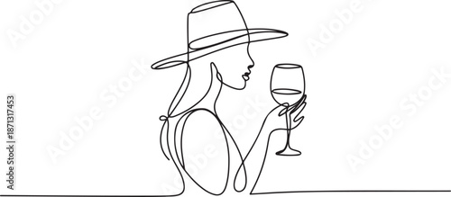 girl with hat and a glass of wine simple continuous one line drawing.one line vector illustration with out background