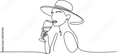 girl with hat and a glass of wine simple continuous one line drawing.one line vector illustration with out background