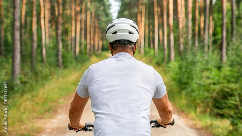 A cyclist riding through a serene forest path surrounded by tall trees.