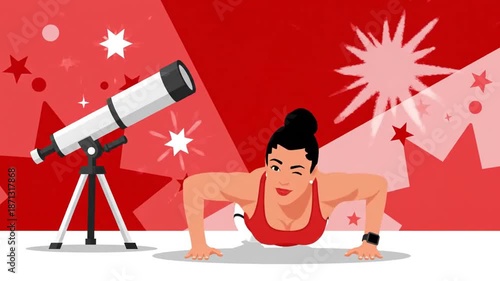 Empowering Fitness Girl Doing Push-Ups Next To Telescope, Stargazing Goals And Staying Active