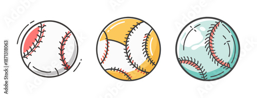 Assortment of stylized baseball icons in vibrant pastel colors, perfect for sports themes.