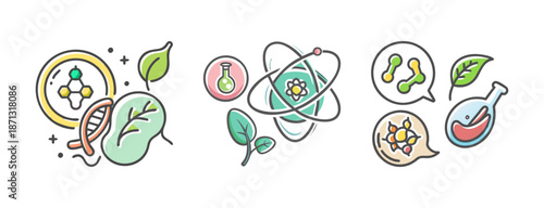 Biology science icons with DNA, molecules, leaves, and flasks for research.