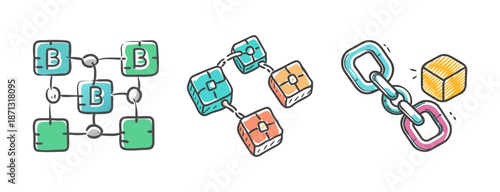 Blockchain technology icons showing connected blocks and a chain link.