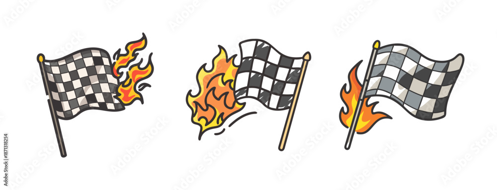 Naklejka premium Checkered racing flags on fire, symbolizing speed and competition victory