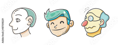 Character head icons, diverse faces, young man, old man, vector illustration