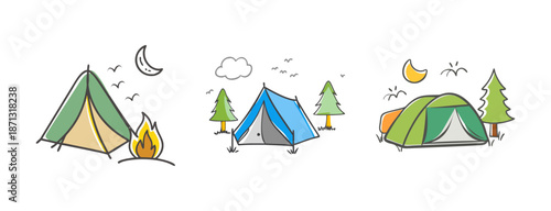Cute camping tent illustrations with campfire, trees, moon and clouds