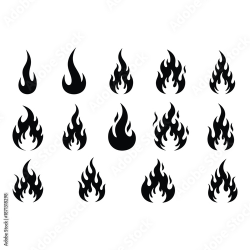 Collection of various black flame shapes and designs in a grid pattern