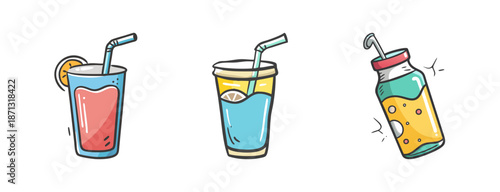 Refreshing summer drinks in glasses and bottle with straws and lemon