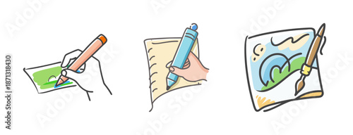 Hands drawing and painting on paper with pencils, pens, and brushes