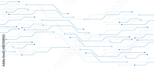 Abstract technology background. White circuit lines and connected dots on dark tech bg. 
