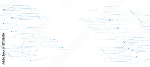 Abstract technology background. White circuit lines and connected dots on dark tech bg. 