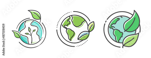 Set of eco-friendly icons with planet Earth and green leaves.