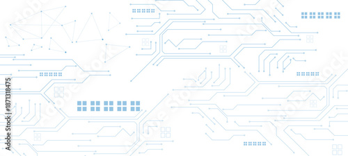 Abstract technology background. White circuit lines and connected dots on dark tech bg. 