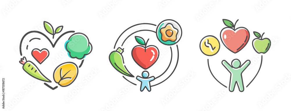 Fototapeta premium Healthy living icons, heart, person, fruits, vegetables, wellness symbols