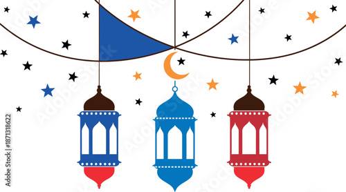 Colorful hanging lanterns with stars and crescent moon on for ramadan or festive occasions