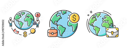 Global business icons: international trade, investment, and finance with earth and briefcase