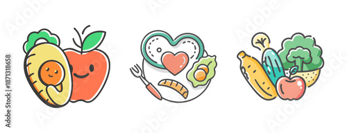 Healthy food icons, apple, avocado, vegetables, balanced diet, nutrition