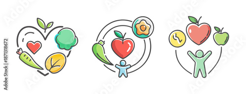 Healthy living icons, heart, person, fruits, vegetables, wellness symbols
