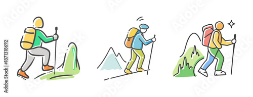 Set of three cartoon hikers with backpacks and poles on mountains.
