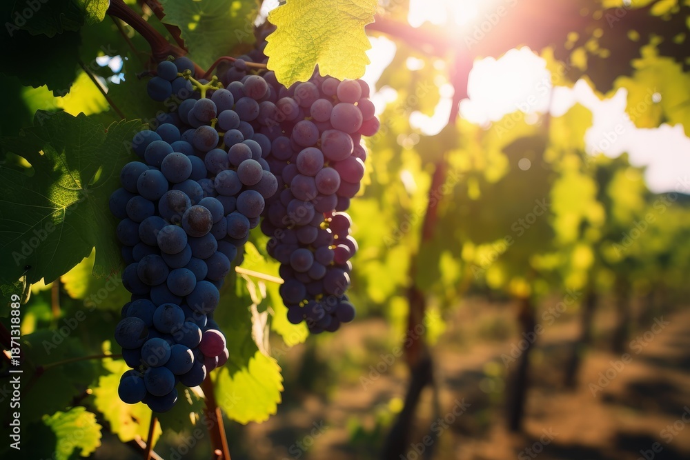 Naklejka premium Purple grapes ripening on vines under sunlight in a vineyard