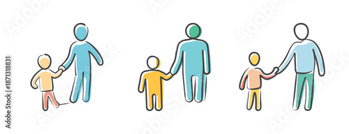 Man and child holding hands icons in doodle style, representing family and connection