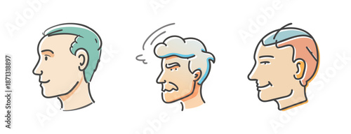 Man's head profile icons in doodle style, showing different expressions and ages