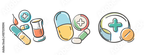 Medical icons with pills, capsules, and dropper for healthcare and pharmacy