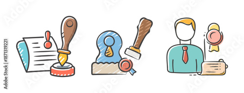 Notary public stamps and documents, legal certification and official seal icons