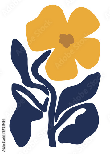 Abstract Yellow Flower with Dark Blue Leaves Illustration