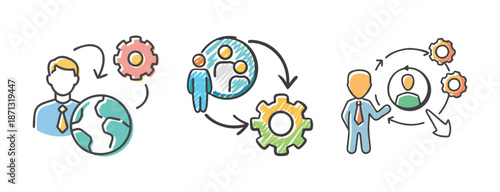 Business icons: teamwork, global collaboration, and workflow gears