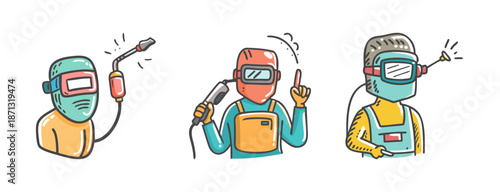 Welder icons: protective gear, welding torch, and sparks for industrial work