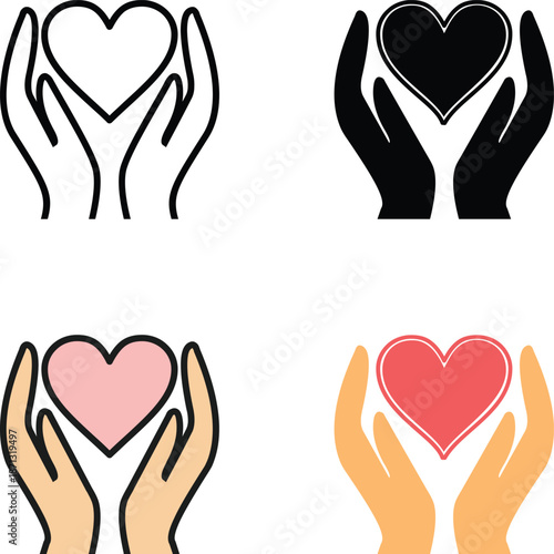 Patient care support vector icon with hands holding heart symbol for telemedicine and online pharmacy services. Ideal for healthcare assistance, patient trust, medical support apps, and digital.
