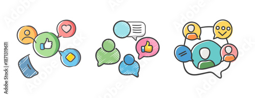 Social media icons with people, chat bubbles, and feedback symbols like thumbs up.