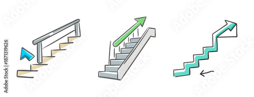 Set of stairs icons with arrows indicating direction and upward movement.
