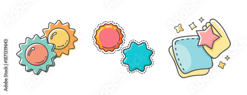 Cute cartoon stickers with star and sun shapes, hand holding a star