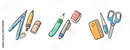 Collection of stationery items including scissors, pens, pencils, and a compass.