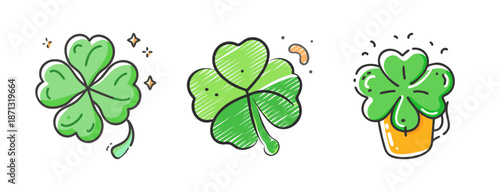 St. Patrick's Day lucky clover icons with beer mug and sparkles