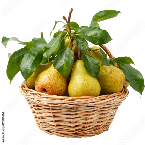 Fresh Pears in a Basket With Green Leaves on a Simple Background