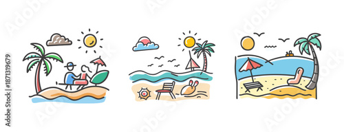 Relaxing summer vacation scenes on a sandy beach with palm trees