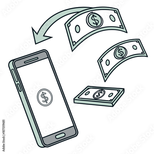 Smartphone sending money dollars bills