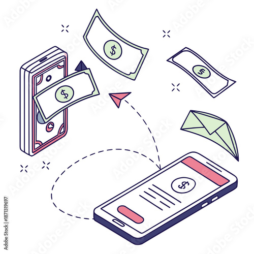 Smartphone sending money via p2p service with flying dollar bills