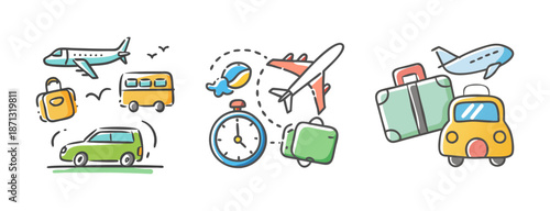 Cute travel icons showing different modes of transport and luggage.