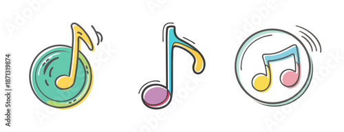 Collection of colorful, cute music note icons for sound and melody.
