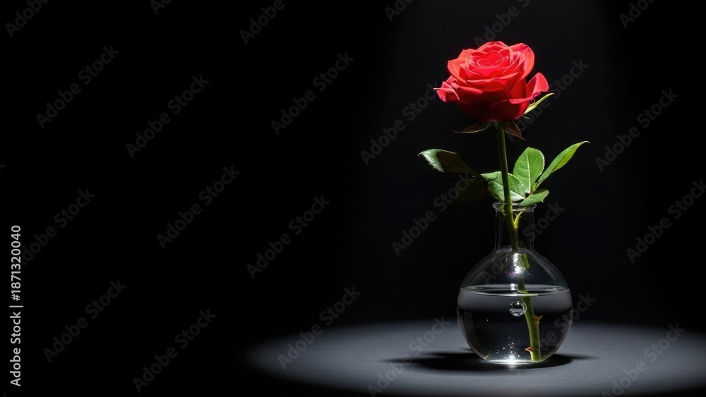 Obraz premium A single red rose in a glass vase on a dark background with a spotlight shining on it