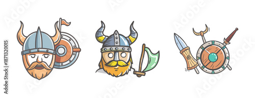 Viking warrior icons with helmets, axes, shields, and flags