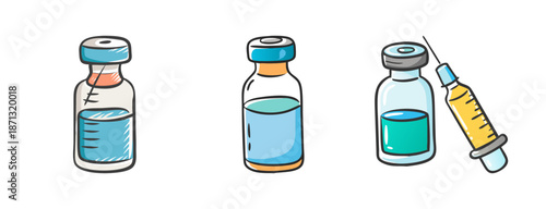 Medical vaccine vials and syringe icons for healthcare and science
