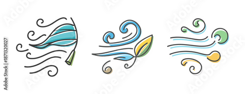 Stylized icons of wind blowing leaves and swirling air currents